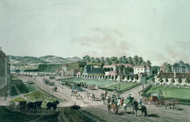 Udsigt over Augarten Palace og Park, Wien (håndfarvet gravering)